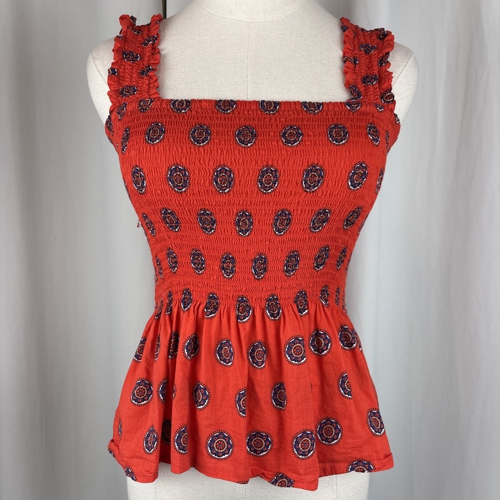 Anthropologie Maeve Avila Peplum Red Blue Pattern Tank Top Size Small